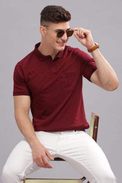 Men’s Single Jersey Polo with Front Embroidery Detail - WOOD WINE, M