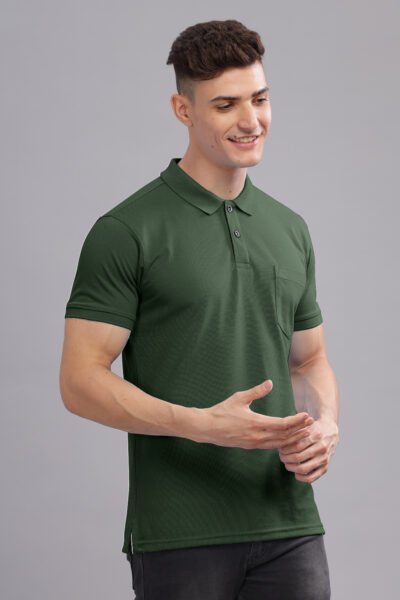 Men’s Combed Pique Cotton Polo with Pocket Embroidery - DEEP FOREST, M