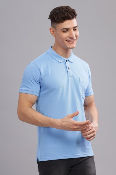 Men’s Combed Pique Cotton Polo with Pocket Embroidery - OCEAN BLUE, M