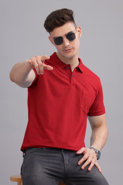 Men’s Combed Pique Cotton Polo with Pocket Embroidery - SALSA RED, M