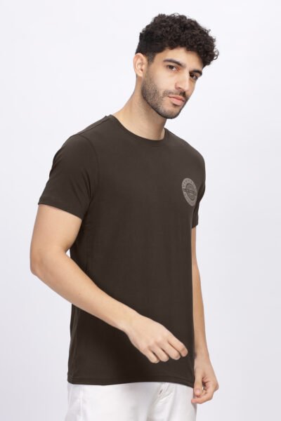 Men’s Dual Graphic Cotton-Lycra Round Neck T-Shirt - CACAO, M