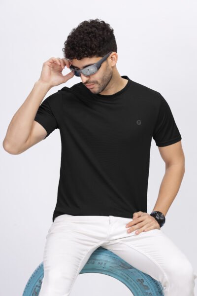 Men’s Poly Rice Knit Active Round Neck T-Shirt with Reflective Chest Print - DARK GREY, M