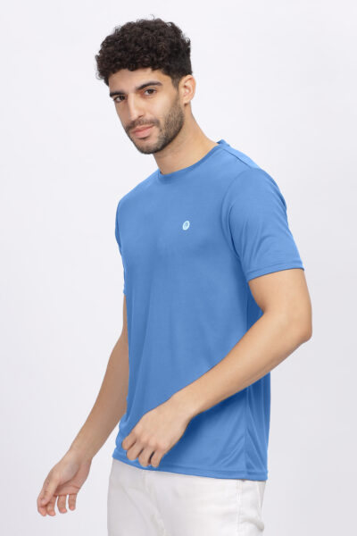 Men’s Poly Rice Knit Active Round Neck T-Shirt with Reflective Chest Print - SKY BLUE, M