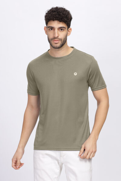 Men’s Poly Rice Knit Active Round Neck T-Shirt with Reflective Chest Print - STONE GREY, M