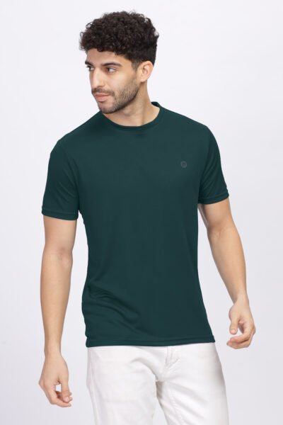 Men’s Poly Rice Knit Active Round Neck T-Shirt with Reflective Chest Print - DARK GREEN, M
