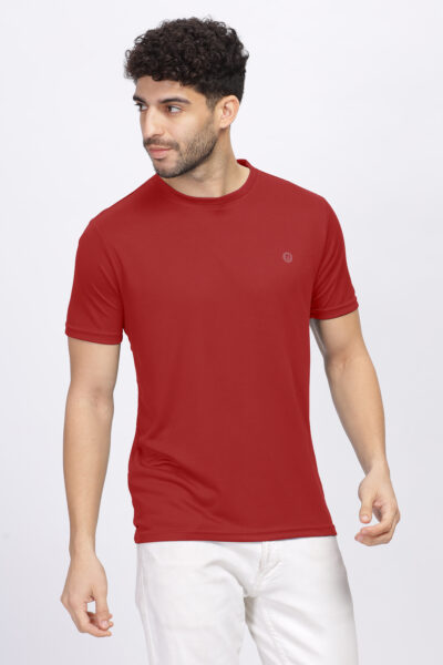 Men’s Poly Rice Knit Active Round Neck T-Shirt with Reflective Chest Print - RED, M