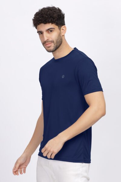 Men’s Poly Rice Knit Active Round Neck T-Shirt with Reflective Chest Print - DARK BLUE, M