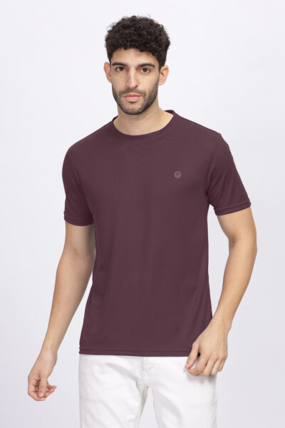 Men’s Poly Rice Knit Active Round Neck T-Shirt with Reflective Chest Print - WINE, M