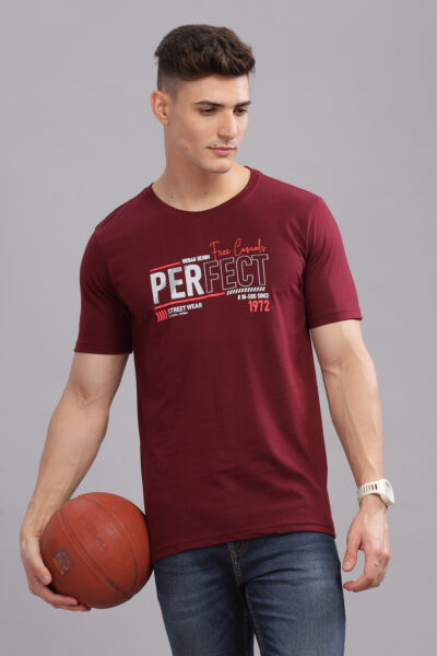 Men’s Premium Cotton Graphic Round Neck T-Shirt - WINE, M