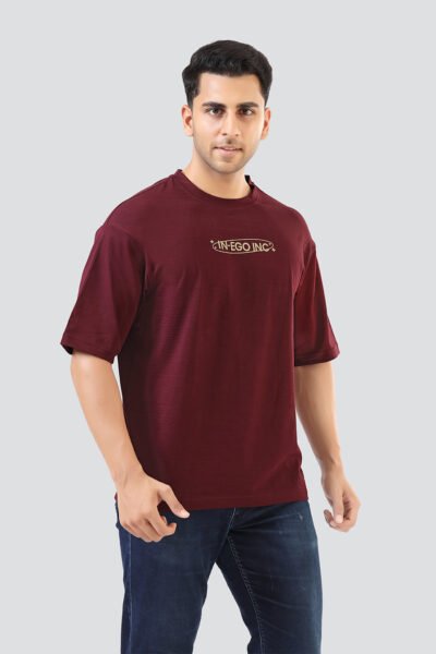 Men’s Oversized Dual Print Crew Neck T-Shirt - MAROON, M