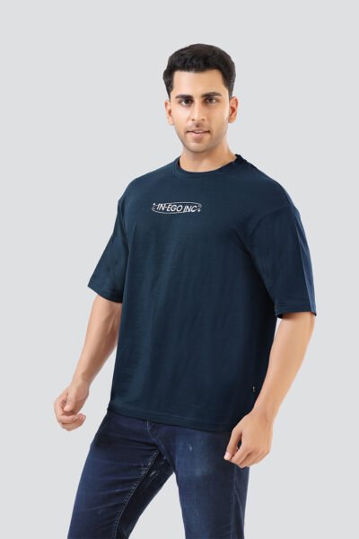 Men’s Oversized Dual Print Crew Neck T-Shirt - NAVY, M