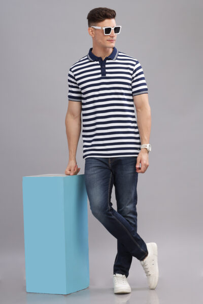 Men’s Yarn-Dyed Striped Polo T-Shirt with Contrast Tipping - NAVY, S