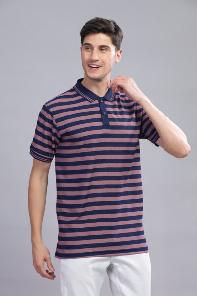 Men’s Yarn-Dyed Striped Polo T-Shirt with Contrast Tipping - MAROON, S