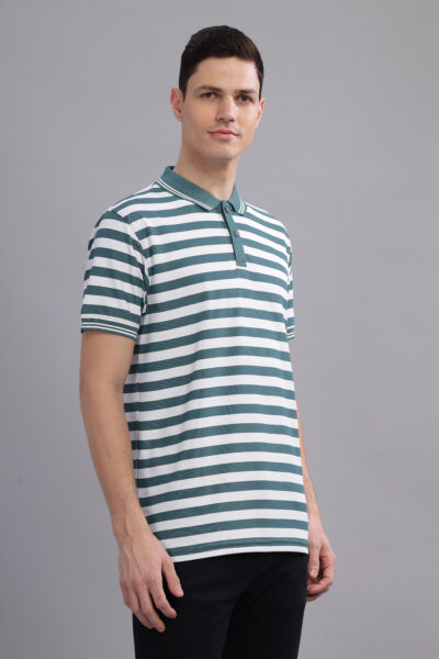 Men’s Yarn-Dyed Striped Polo T-Shirt with Contrast Tipping - GREEN, S