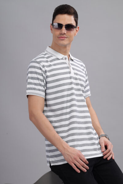 Men’s Yarn-Dyed Striped Polo T-Shirt with Contrast Tipping - GREY MELANGE, S