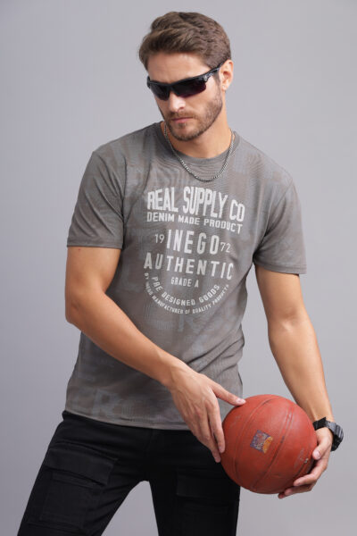 Men’s Yarn-Dyed Melange Graphic T-Shirt with Embossed Print - PEWTER, XL